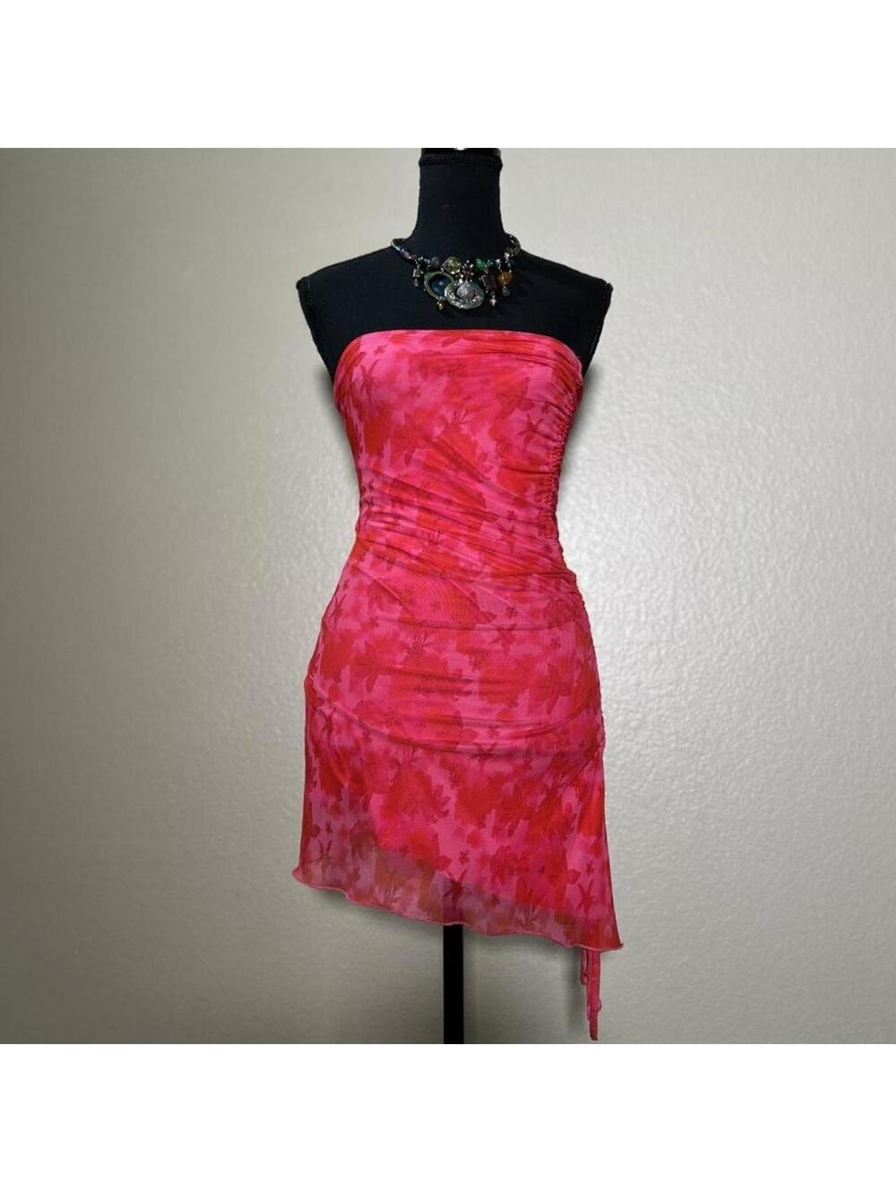 Pink Floral Mesh Y2K Ruched Strapless Fairycore Mini Dress